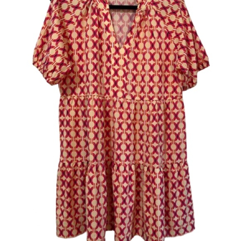 JODIFL Bright Pink and Yellow Geometric Tiered Tunic Dress Sz L